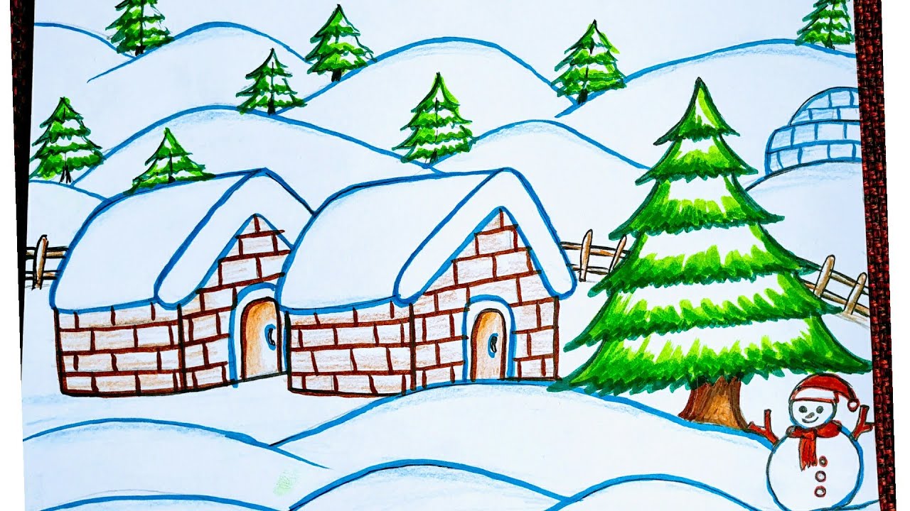 How To Draw Easy Winter Season Scenery | Winter Season Drawing ...