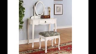 3 pc White finish wood make up bedroom vanity set with curved legs stool and ova