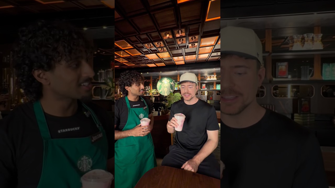 MrBeast trying Strawberry Protein Cold Foam on his Pink Cannon Ball!👀 #starbucks #shorts #mrbeast