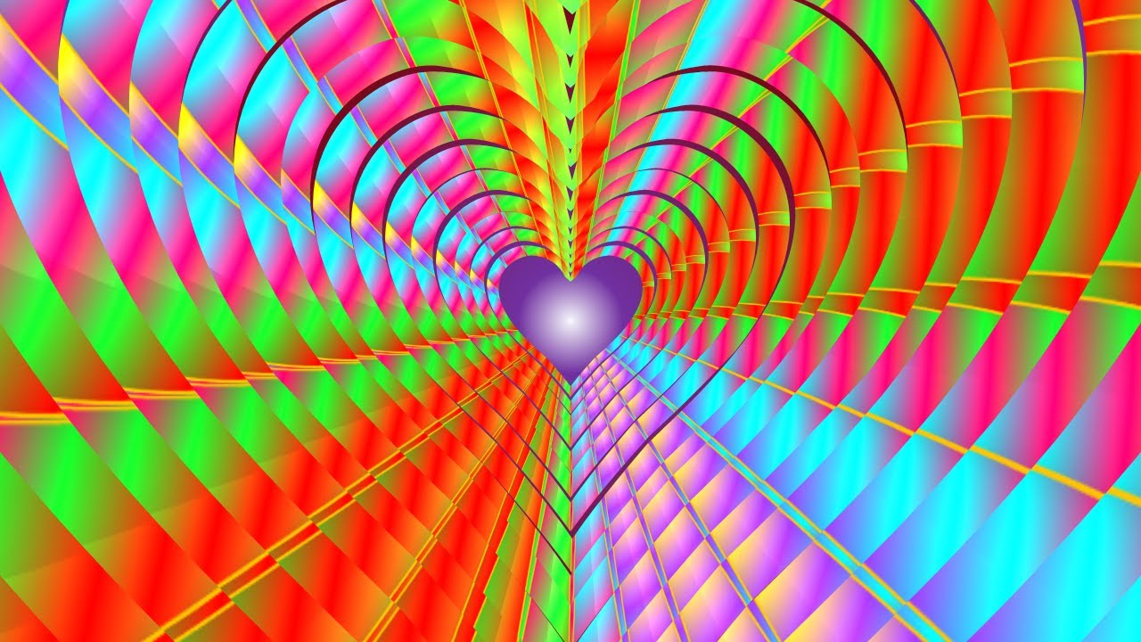 Neon colored love heart tunnel with abstract glowing particles. YouTube