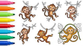 How to Draw Jungle Monkeys Swinging on Vines | Easy Drawing & Coloring Tutorial