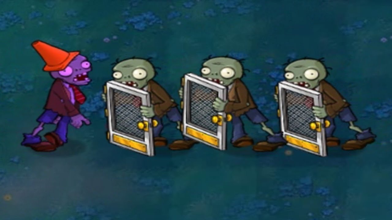 1 Conehead Zombie vs 3 Screen Door Zombies Fight // Plants vs Zombies