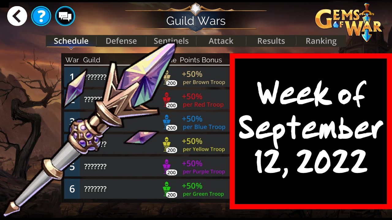 Gems of War Guild Wars RED Attack for the Week of September 12, 2022