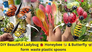 DIY Beautiful Ladybug 🐞 Honey Bee 🐝& Butterfly 🦋 from waste plastic spoons #diy #craft #upcycled #yt