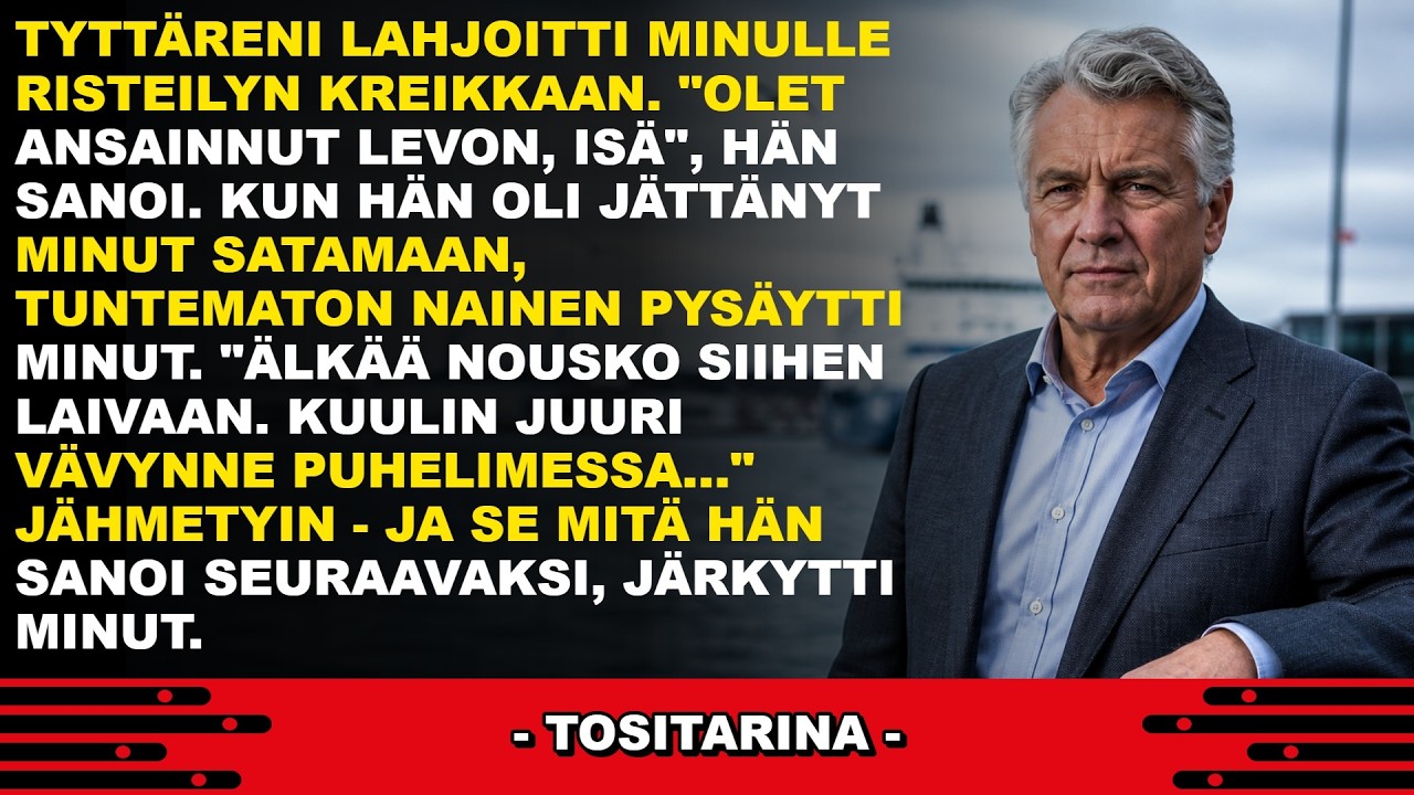 Eläkepäiväni alkoi lahjana: tyttäreni ojensi minulle risteilyliput Kreikkaan. "Olet ansainnut tämän, isä", hän sanoi. Kymmenen minuuttia myöhemmin tuntematon nainen tarttui hihaani sataman edessä....