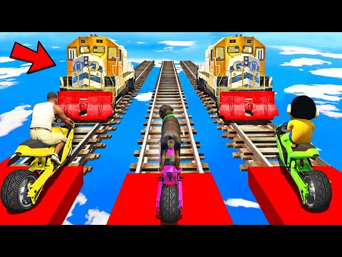 SHINCHAN AND FRANKLIN TRIED ULTIMATE STOP THE TRAIN RAIL TRACK PARKOUR RACE CHALLENGE BY BIKES GTA 5