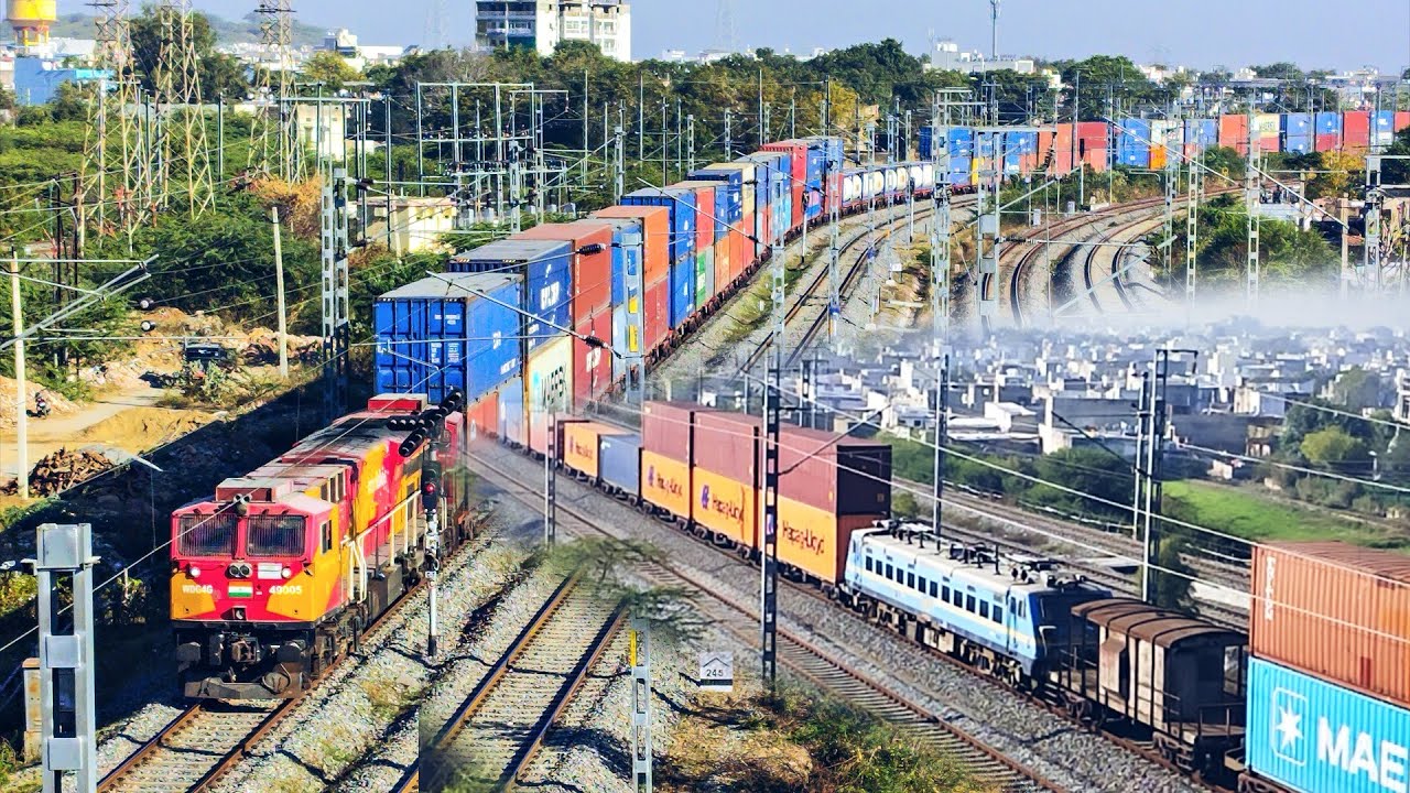 1.5KM long double stack containers train with electric locomotives on ...