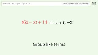 Linear equation with one unknown: Solve 10x-2(2x-7)=x+5 step-by-step solution