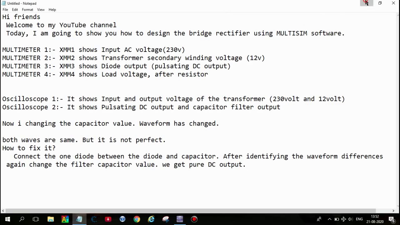 How to design BRIDGE RECTIFIER using multisim (VIDEO-3)