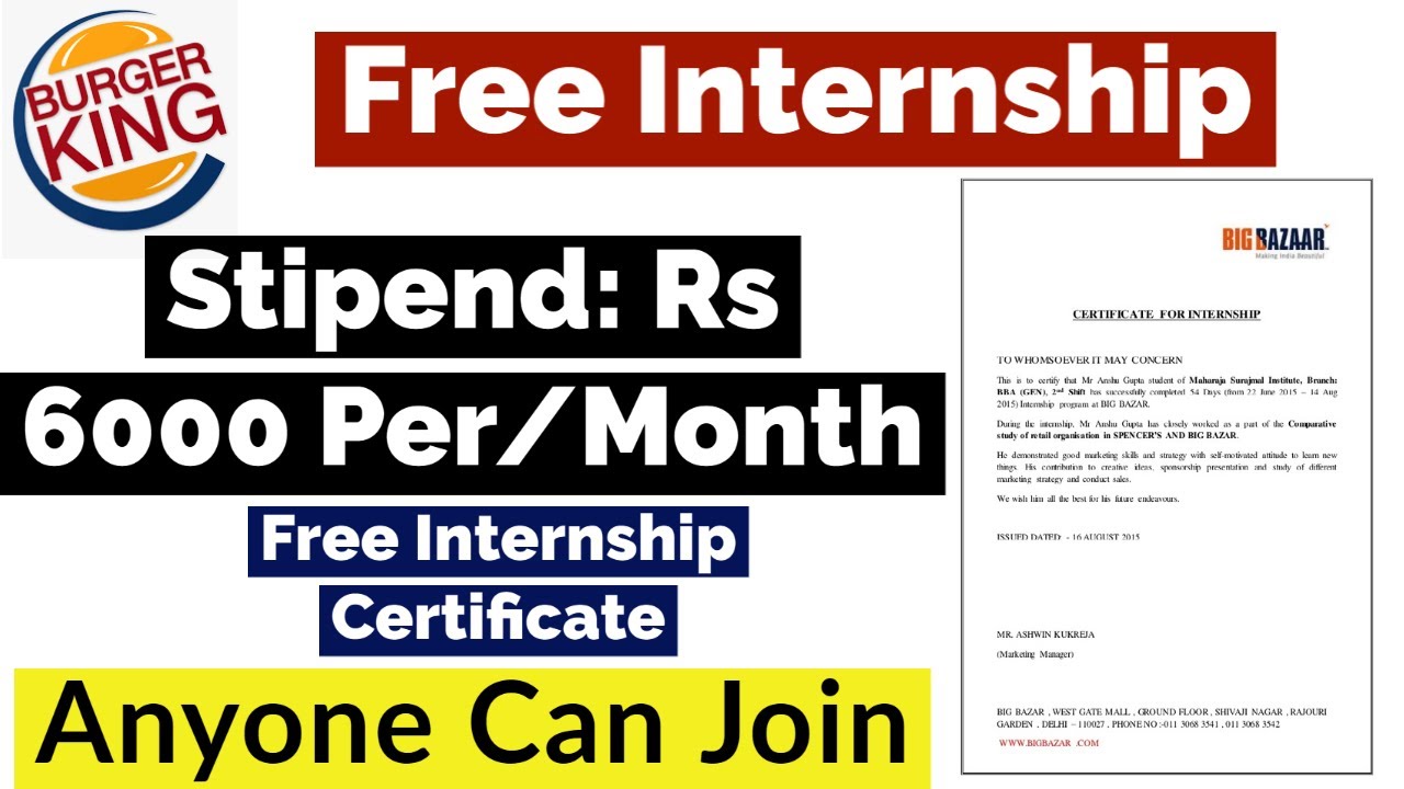 Burger King Free Internship | Stipend Rs 6000 Per/Month | Free ...