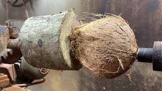 Spooky Wood Lathe  Making Cups From Coconut Shells Talented and eco friendly carpenter