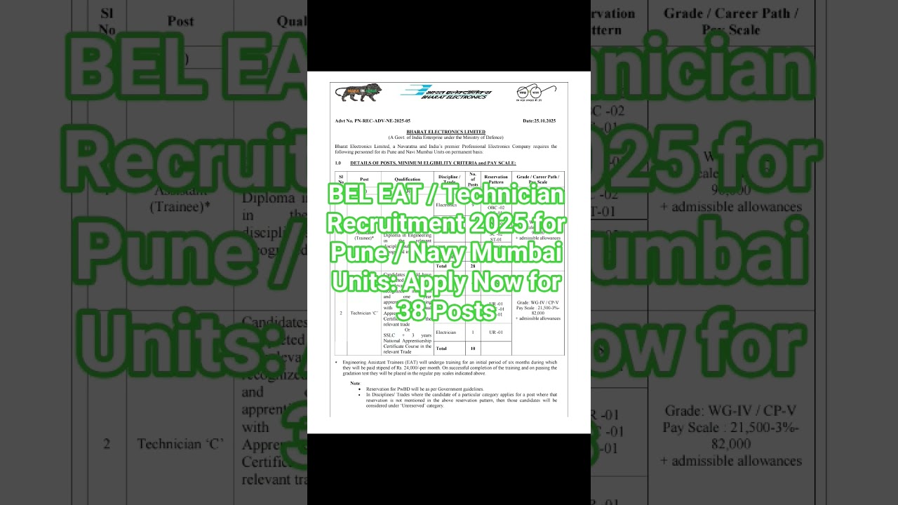 BEL EAT / Technician Recruitment 2025 for Pune / Navy Mumbai Units: Apply Now for 38 Posts 