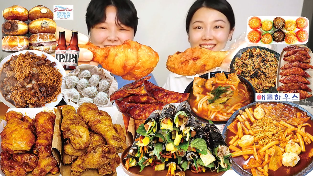 먹방 브이로그 | 김밥 40줄 싼 날🤦🏻‍♀️ 교촌치킨 레드콤보, 애플하우스 떡볶이, 캘리포니아 도넛, 살치살 짜파게티, 김치어묵우동, 통영꿀빵, 양념만두 Mukbang VLOG