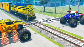 Chained Monster Jam Cars vs Trains and Rail - Cars Crash Trains on Crossroads of Death - BeamNG OMDs screenshot 5