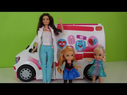 Elsa and Anna toddlers-Barbie's ambulance toy review