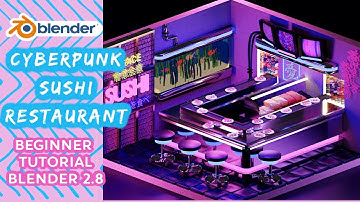 Cyberpunk Sushi Restaurant in Blender 2.8 - Low Poly Isometric Beginner Tutorial / Timelapse
