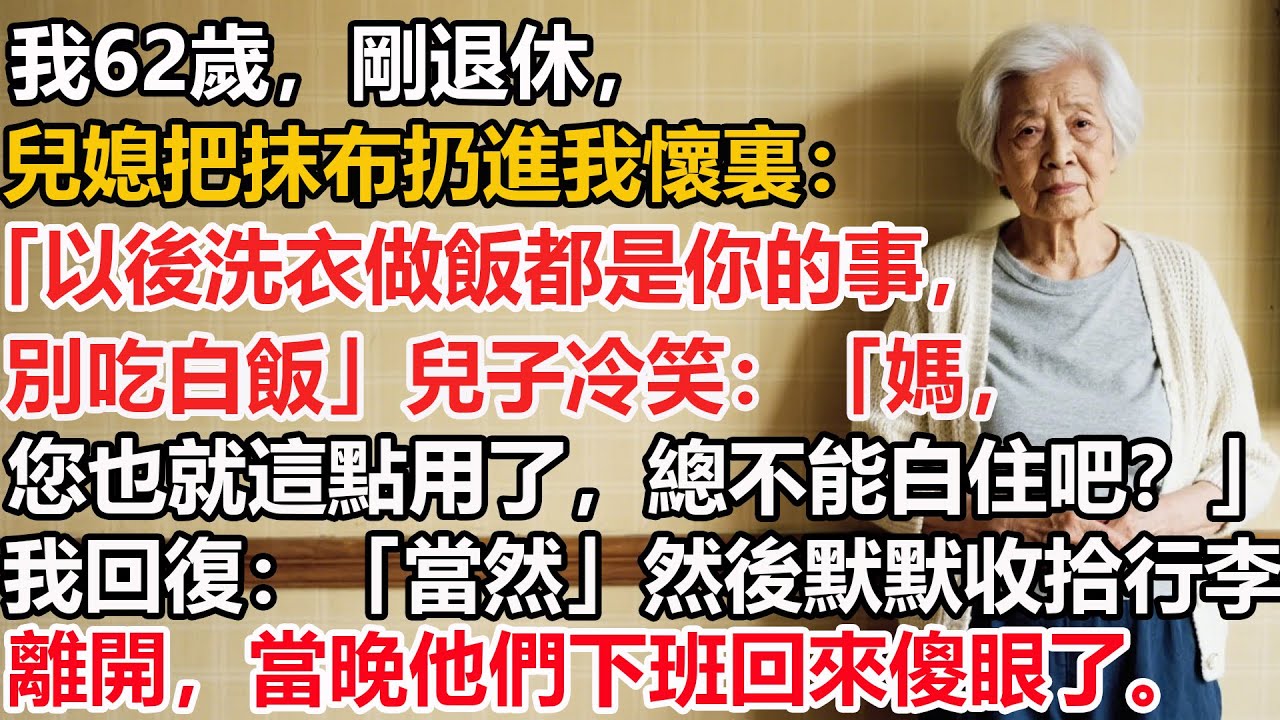 【我62歲】剛退休，兒媳把抹布扔進我懷裏：「以後洗衣做飯都是你的事，別吃白飯」兒子冷笑：「媽，您也就這點用了，總不能白住吧？」我回復：「當然」然後默默收拾行李離開，當晚他們下班回來見一幕傻眼了。