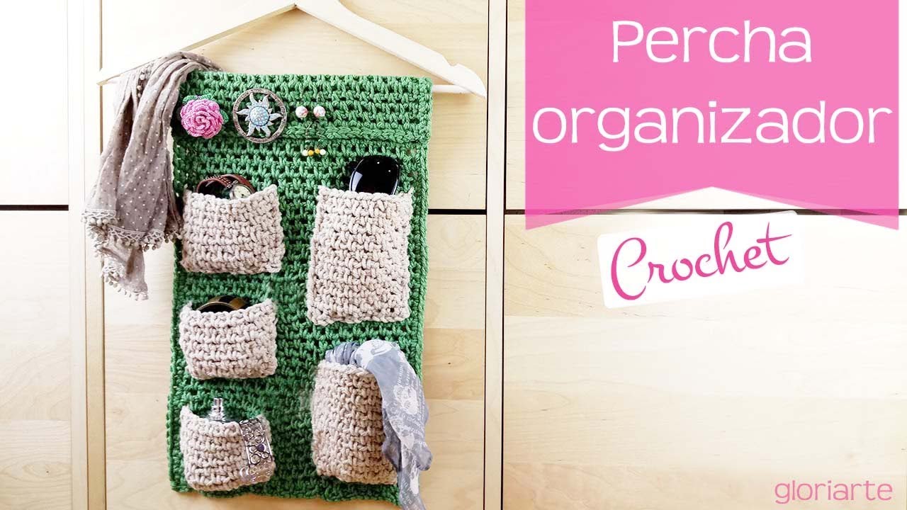 PERCHA ORGANIZADOR de GANCHILLO con BOLSILLOS. CROCHET ORGANIZER HANGER with POCKETS.