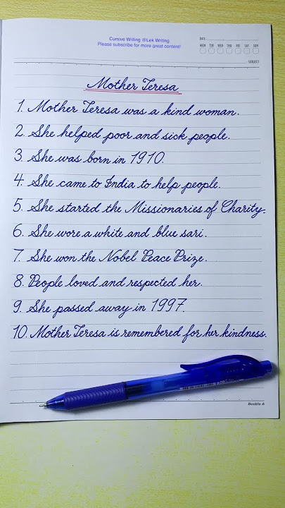 10 Lines on Mother Teresa In English Cursive Writing | Cursive Handwriting Practice |English Writing