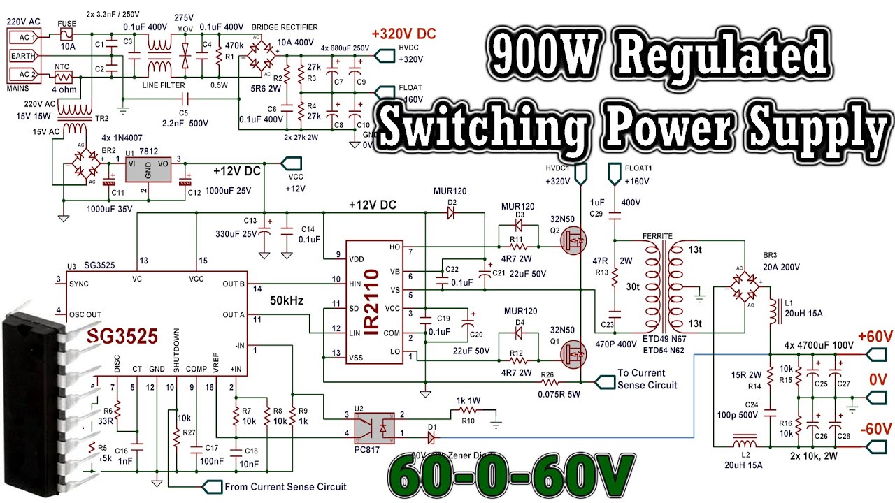 900W Regulated Switching Power Supply with SG3525 for High Power