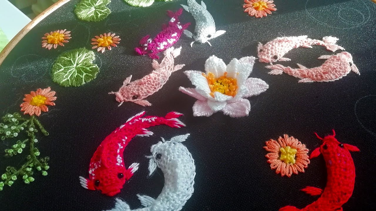 3D embroidery Japanese pond How to embroider a fish carp and water lily