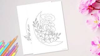 5 Magic Mushroom Coloring Pages with Moon Flowers Printable Product