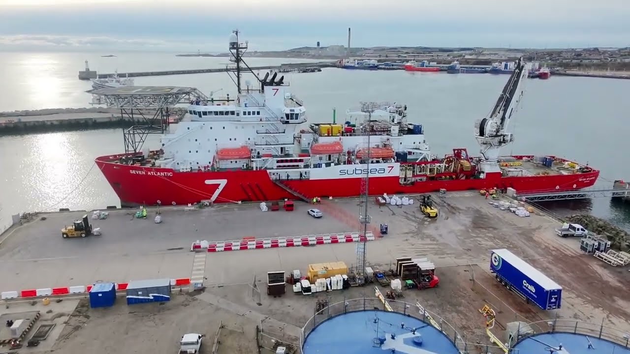 Seven Atlantic, Subsea 7 Offshore Supply Ship getting loaded at Peterhead Harbour in Scotland 