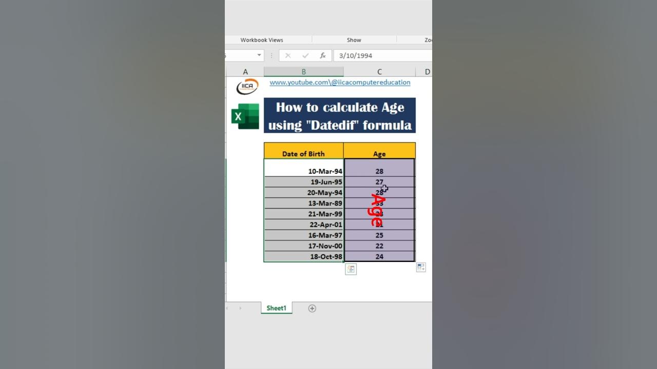 How to calculate age from date of birth in excel youtubeshorts shorts