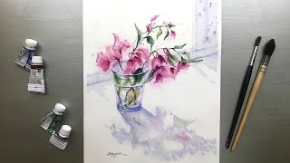 Wet-on-Wet/ BackLight and Shadow of Bougainvillea in Vase-Tutorial Step by Step.