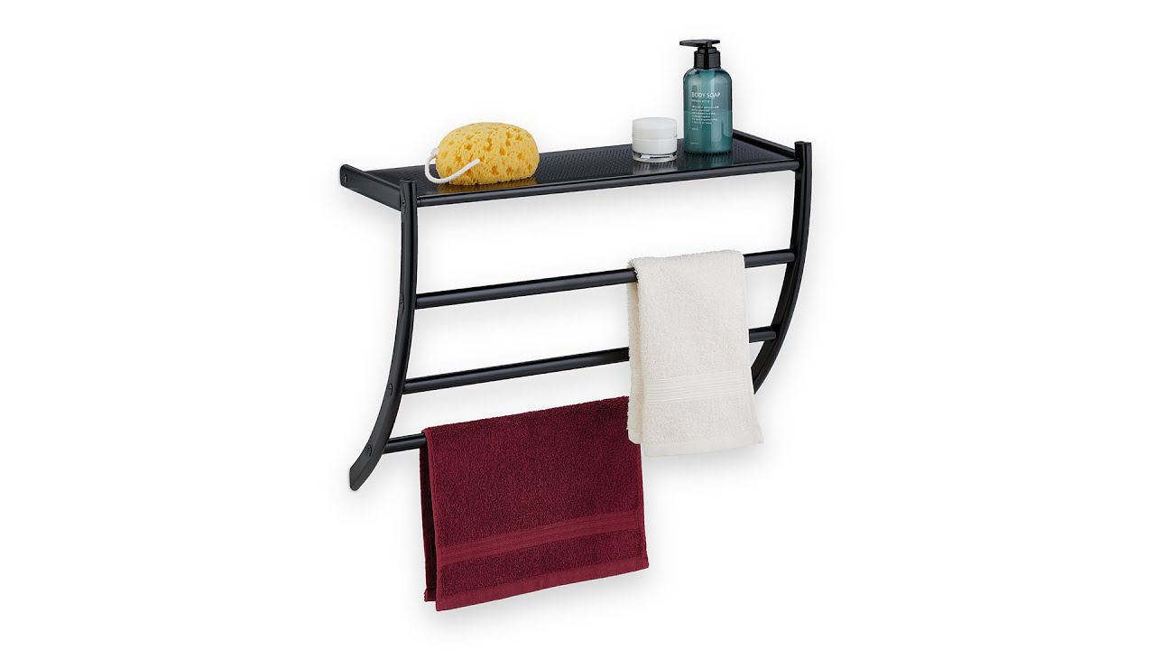Relaxdays Porte-Serviettes 2 Barres – Design Moderne Noir & Bambou, Sans Fixation, Idéal Salle De Bain