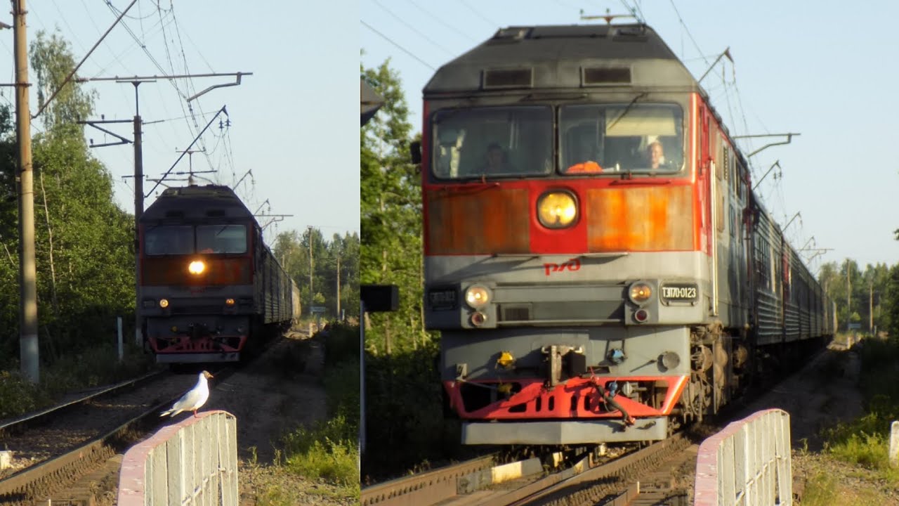ТЭП70-0123 с пассажирским поездом 350А/350В СПБ-Костомукша. Станция Приозерск 
