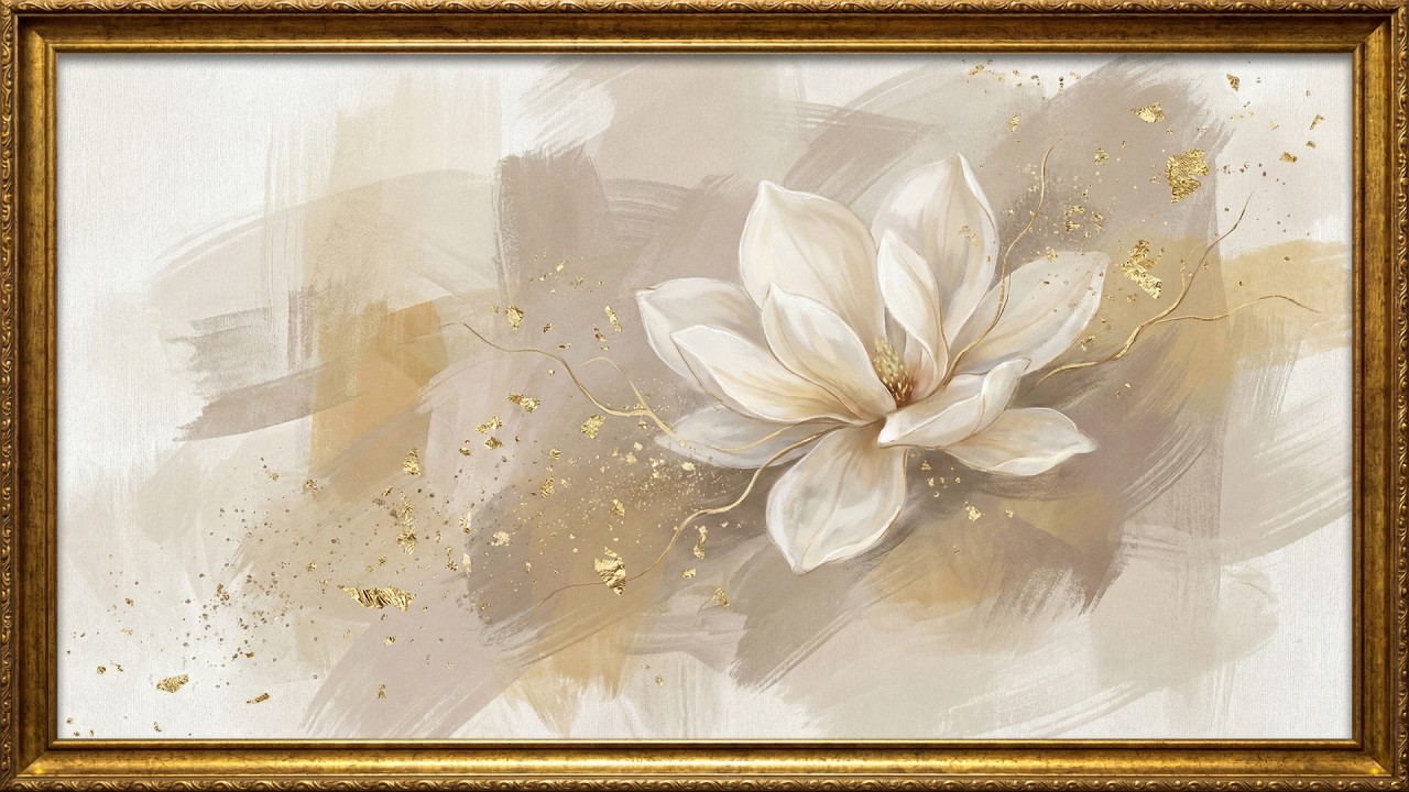 Classic White Magnolia Painting | Gold Frame TV Art | Art Screensaver for TV | 1 Scene   2 Hrs