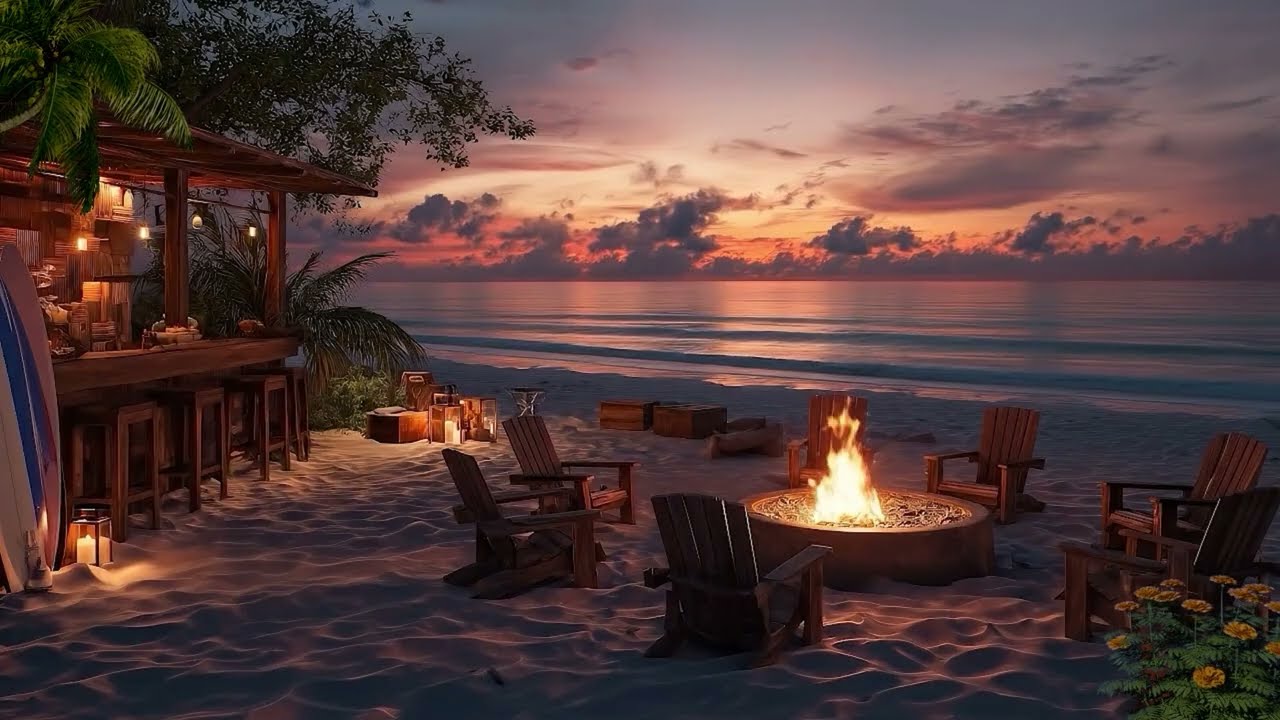 Peaceful Sunset at a Beach Bar | Cozy Campfire Ambience for Deep Relaxation & Inner Healing