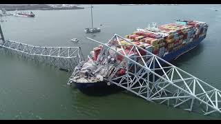 NTSB B-Roll - Aerial Imagery of Francis Scott Key Bridge and Cargo Ship Dali