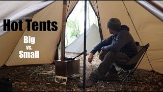 Hot Tents  Big Vs. Small.  OneTigris Rock Fortress Tent and Tiger Roar Stove. Tent Stove Sausages.