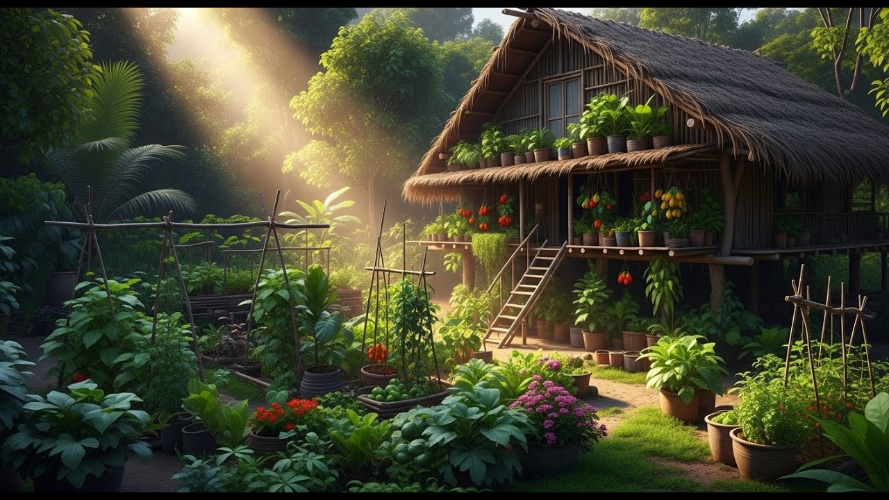 Primitive Living Off Grid Vegetable Garden in the Jungle House!