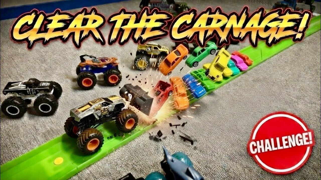 Monster Jam Trucks - Clear The Carnage Challenge! Monster Jam vs Crushed Cars