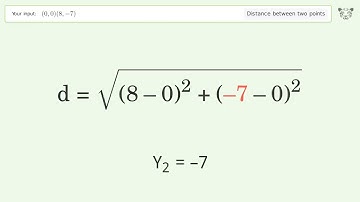 Find the distance between two points p1 (0,0) and p2 (8,-7): Step-by-Step Video Solution