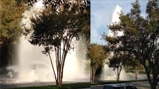 Car hits fire hydrant causing an explosion of powerful gushing waters