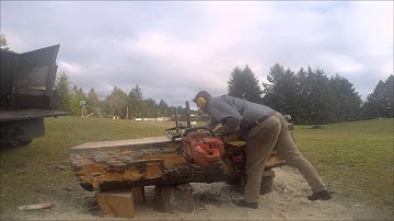 CUTTING MAPLE SLABS WITH ALASKAN CHAIN SAW MILL.