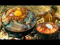 Wilderness cooking skill  steam seafood noodle in pot eating so delicious