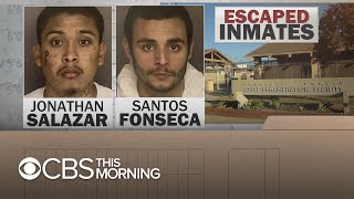 Two murder suspects who escaped from a california jail are still on
the loose. santos fonseca and jonathan salazar broke out of monterey
county sund...