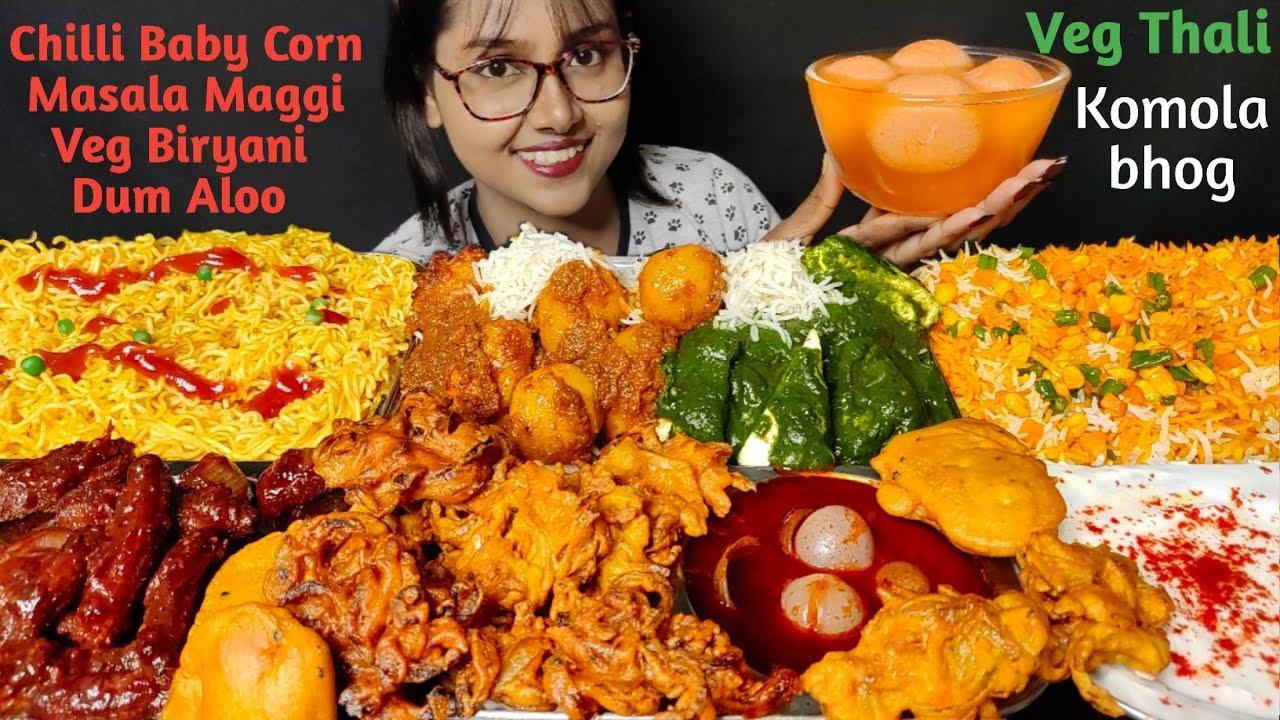 Eating Maggi, Chilli Corn, Palak Paneer, Veg Biryani, Dum Aloo | Big Bites | Mukbang | Asmr Eating
