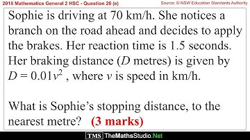 2018 Maths General 2 HSC Q28e Find car stopping distance given driver reaction time