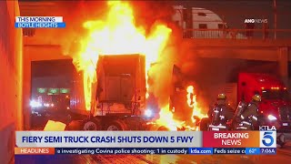 VIDEO: Semi-truck engulfed in flames after violent freeway crash in Los Angeles 