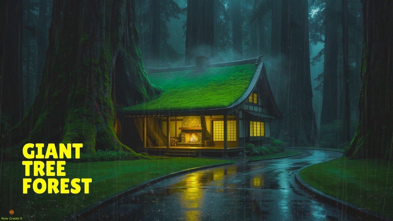 Rainy Forest Night Cabin With Moss Roof Beside A Winding Road Beneath Giant Ancient Trees