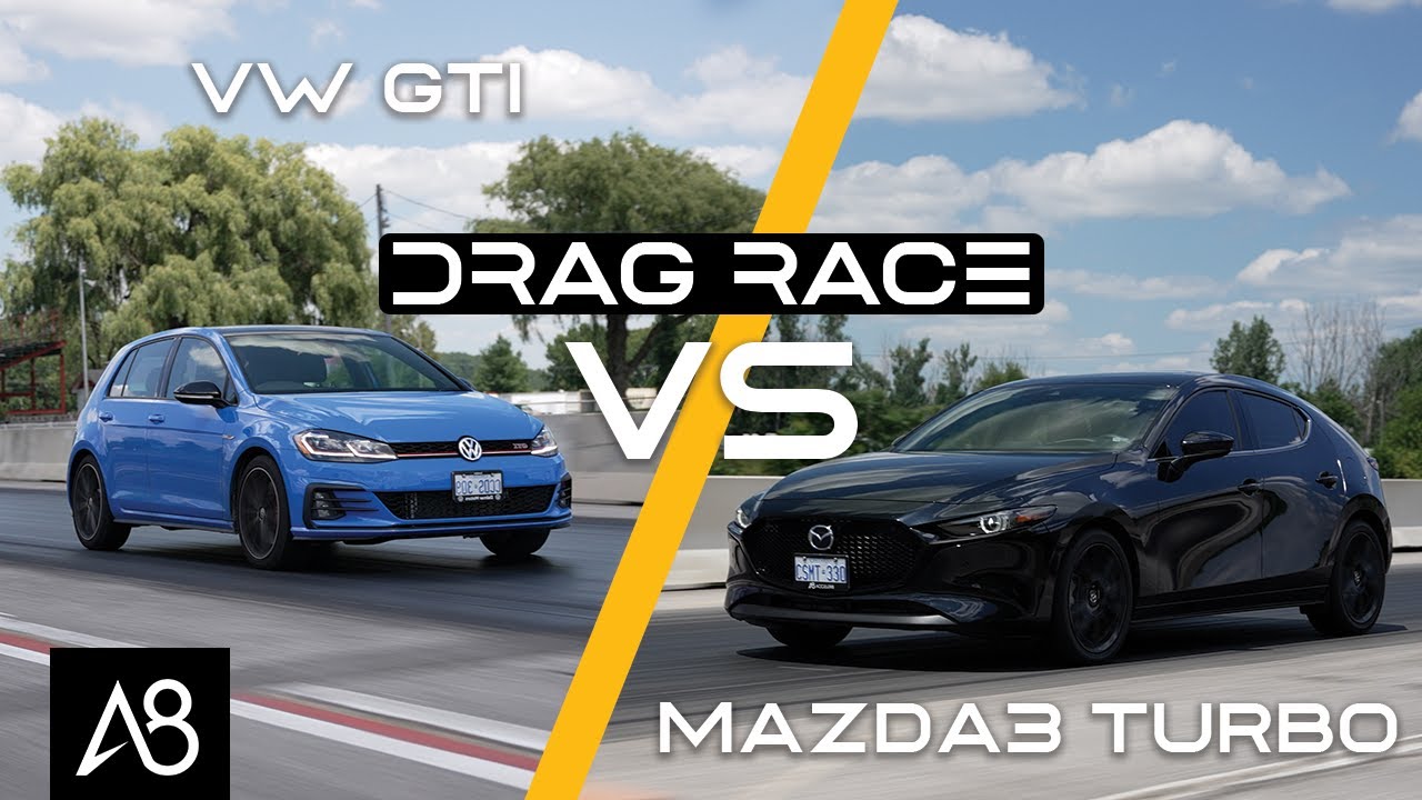 2021 Mazda3 Turbo vs VW Golf GTI DRAG RACE & ROLL RACE (Regular Fuel
