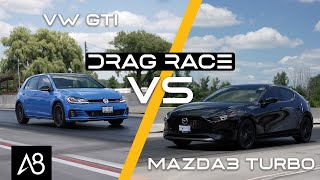 2021 Mazda3 Turbo vs VW Golf GTI | DRAG RACE & ROLL RACE (Regular Fuel vs Premium Fuel)