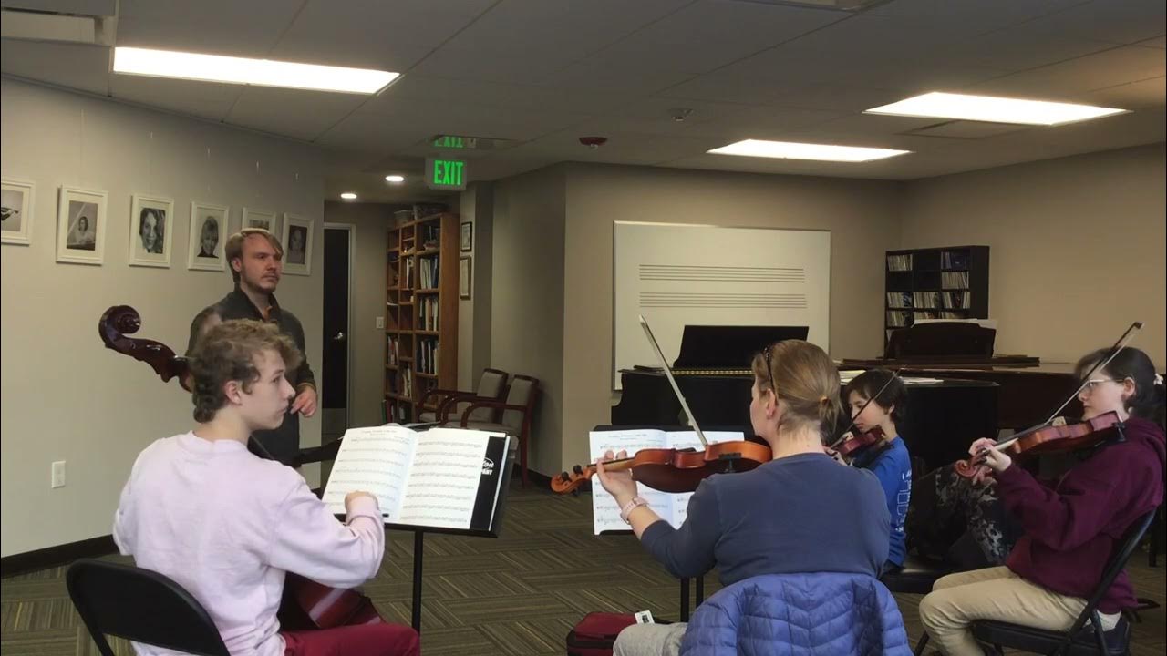 String ensemble practice. Suzuki method. String Quartet for Beginning