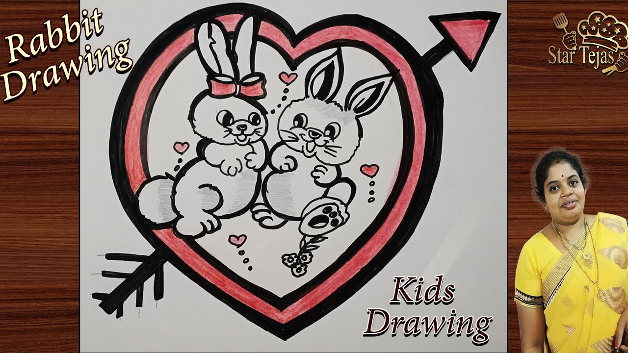 Easy Bunny Rabbit Drawing for kids/Drawing 2 Rabbits in Heart With Easy ...